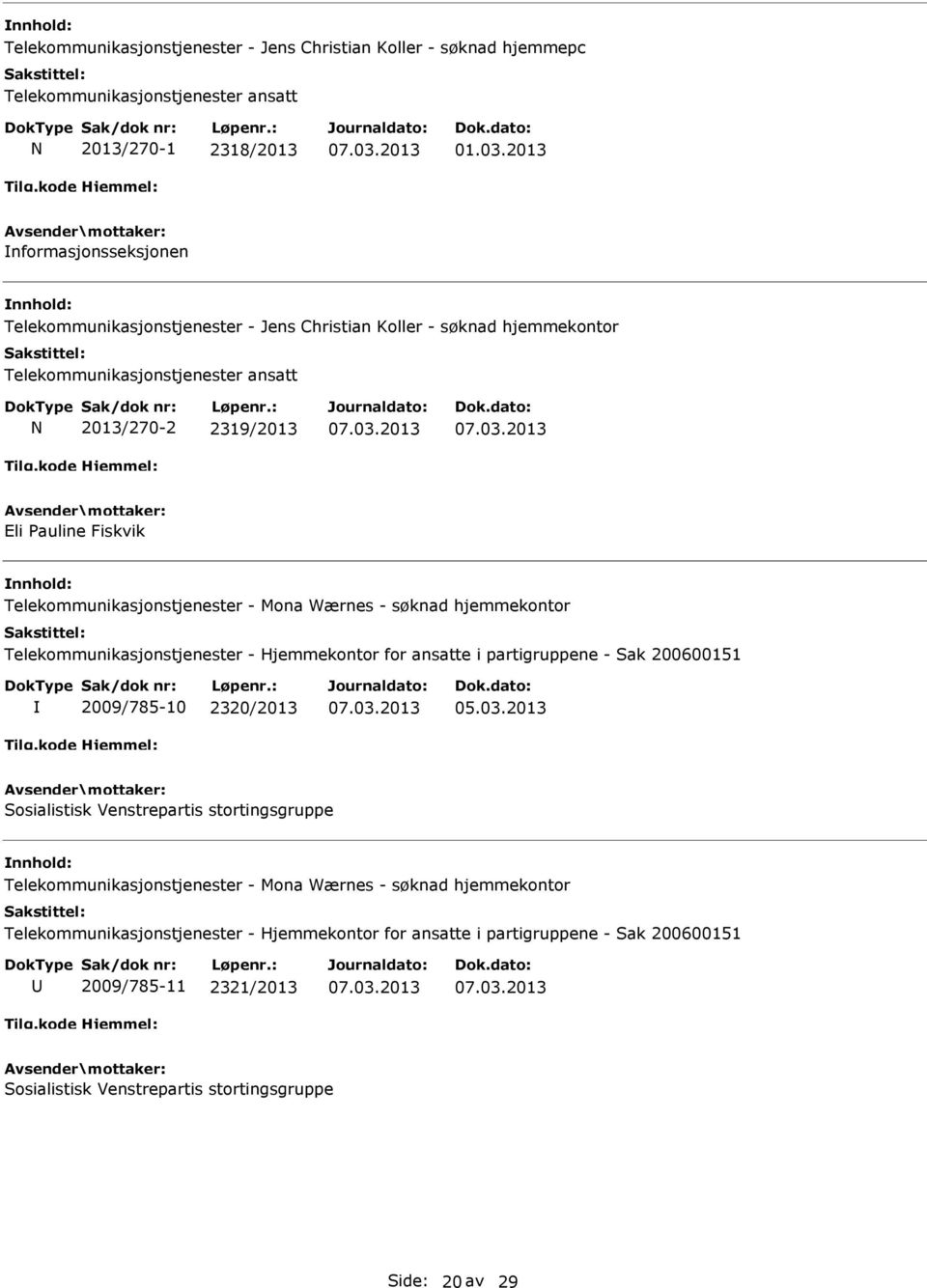Telekommunikasjonstjenester - Mona Wærnes - søknad hjemmekontor Telekommunikasjonstjenester - Hjemmekontor for ansatte i partigruppene - Sak 200600151 2009/785-10 2320/2013 05.03.