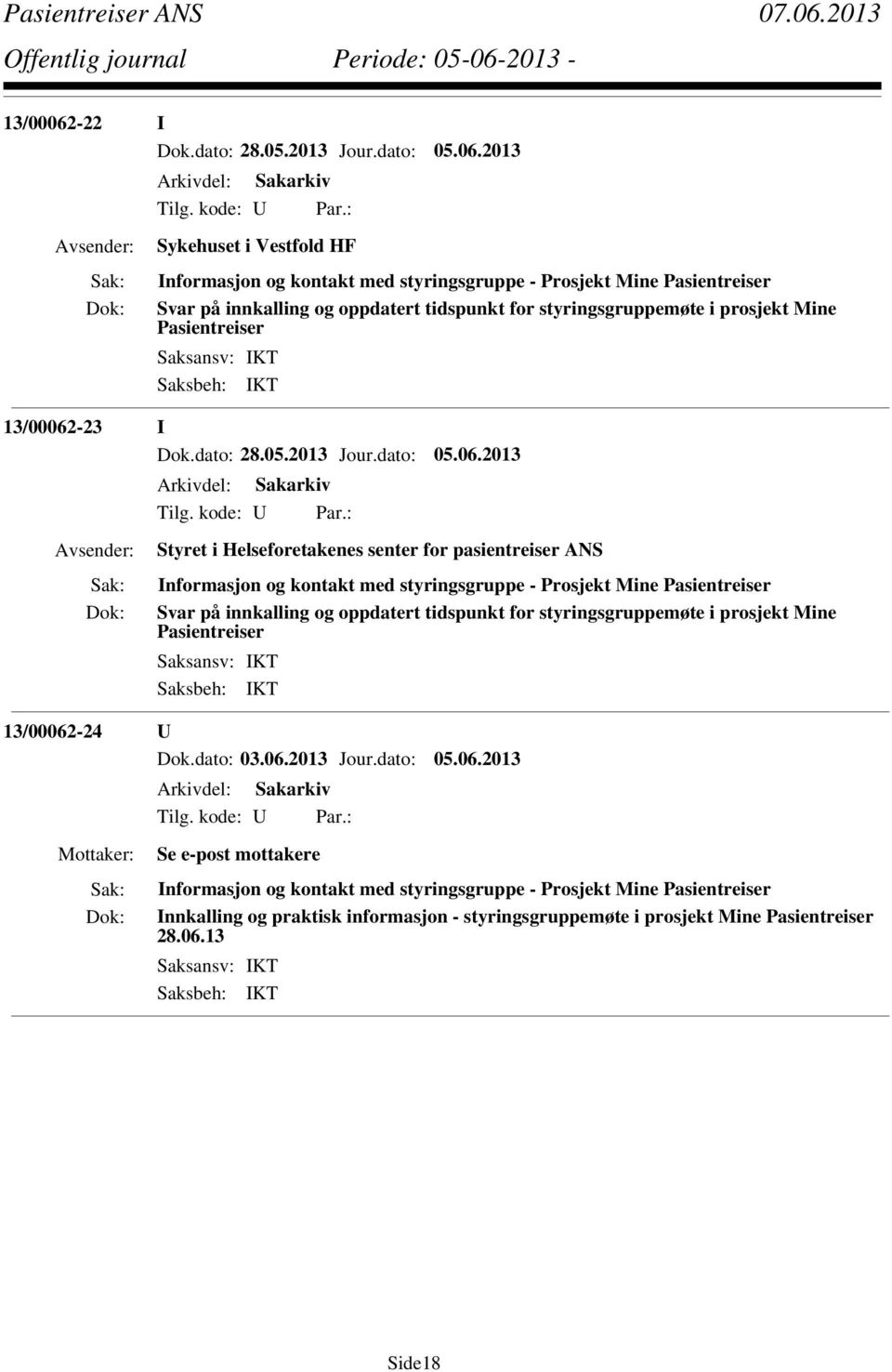 2013 Sykehuset i Vestfold HF Informasjon og kontakt med styringsgruppe - Prosjekt Mine Pasientreiser Svar på innkalling og oppdatert tidspunkt for styringsgruppemøte i prosjekt Mine