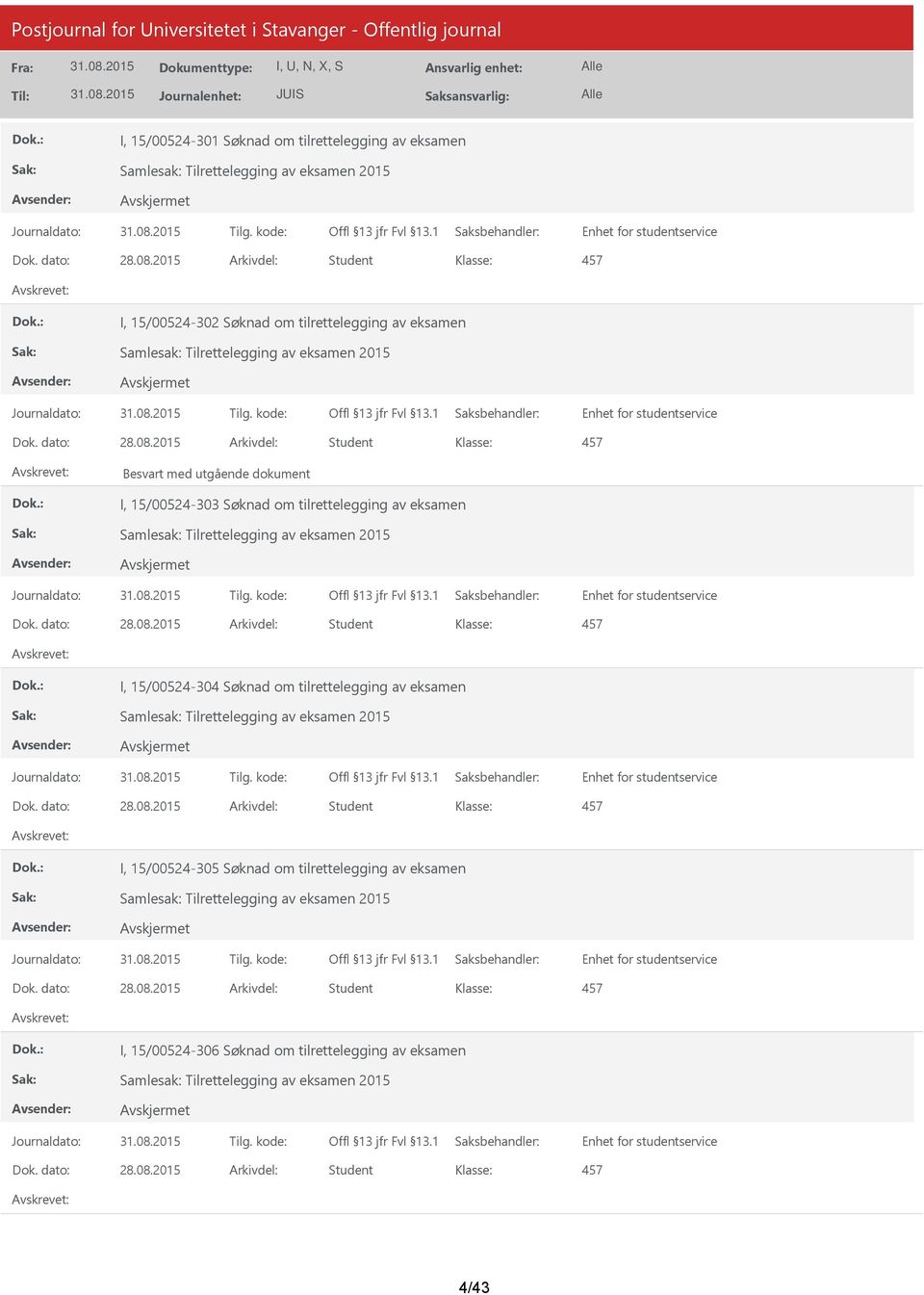 tilrettelegging av eksamen Samlesak: Tilrettelegging av eksamen 2015 I, 15/00524-304 Søknad om tilrettelegging av eksamen Samlesak: Tilrettelegging av eksamen 2015 I,