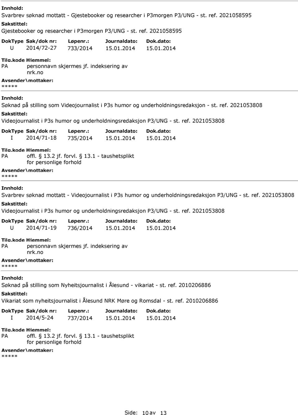 2021058595 2014/72-27 733/2014 Søknad på stilling som Videojournalist i P3s humor og underholdningsredaksjon - st. ref.
