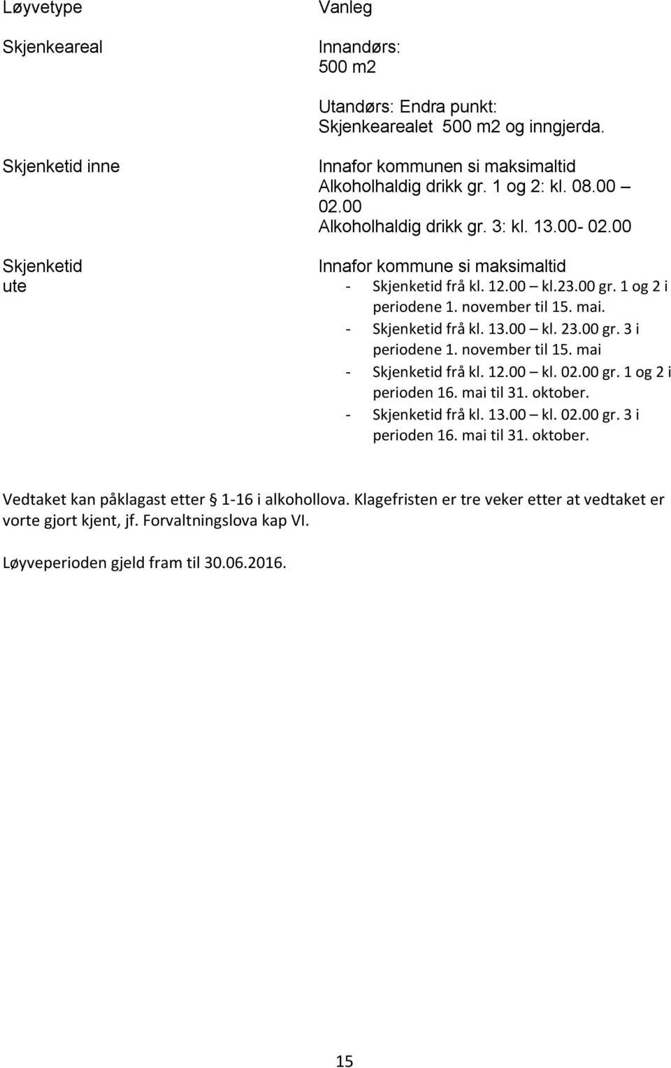 - Skjenketid frå kl. 13.00 kl. 23.00 gr. 3 i periodene 1. november til 15. mai - Skjenketid frå kl. 12.00 kl. 02.00 gr. 1 og 2 i perioden 16. mai til 31. oktober. - Skjenketid frå kl. 13.00 kl. 02.00 gr. 3 i perioden 16.