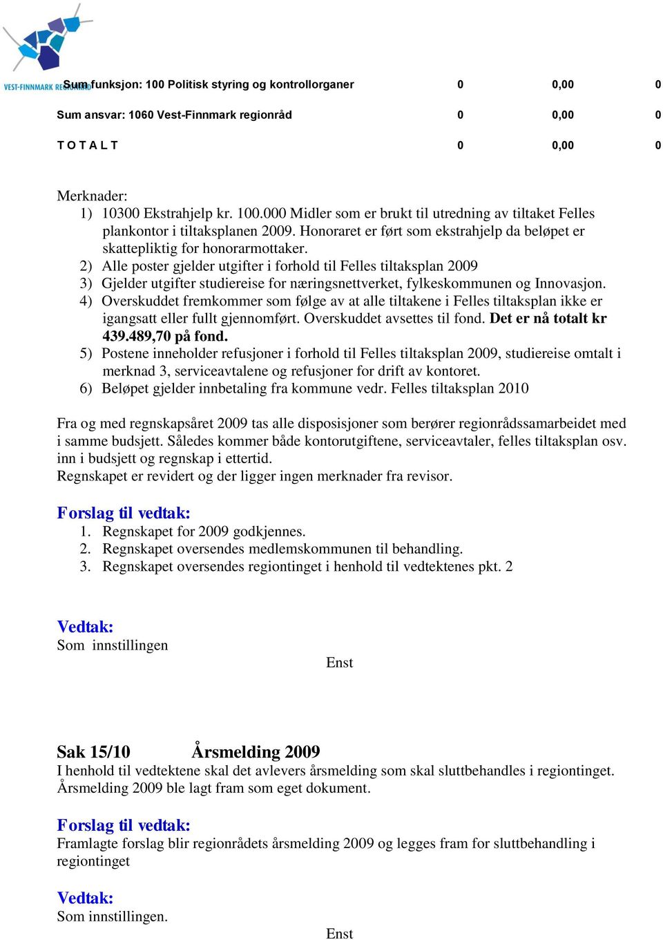 2) Alle poster gjelder utgifter i forhold til Felles tiltaksplan 2009 3) Gjelder utgifter studiereise for næringsnettverket, fylkeskommunen og Innovasjon.