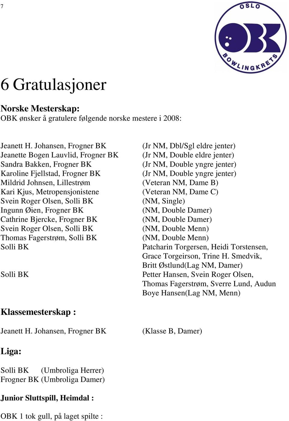 BK (Jr NM, Double yngre jenter) Mildrid Johnsen, Lillestrøm (Veteran NM, Dame B) Kari Kjus, Metropensjonistene (Veteran NM, Dame C) Svein Roger Olsen, Solli BK (NM, Single) Ingunn Øien, Frogner BK