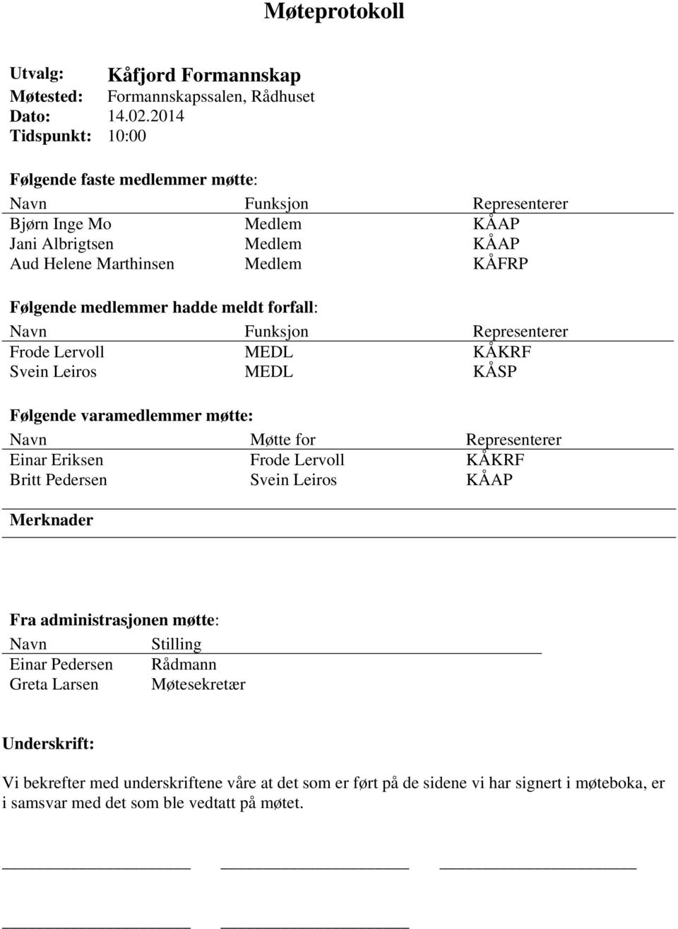 hadde meldt forfall: Navn Funksjon Representerer Frode Lervoll MEDL KÅKRF Svein Leiros MEDL KÅSP Følgende varamedlemmer møtte: Navn Møtte for Representerer Einar Eriksen Frode Lervoll KÅKRF