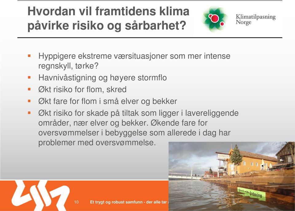 Havnivåstigning og høyere stormflo Økt risiko for flom, skred Økt fare for flom i små elver og bekker Økt risiko