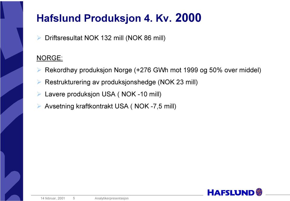 (+276 GWh mot 1999 og 50% over middel) Restrukturering av produksjonshedge (NOK