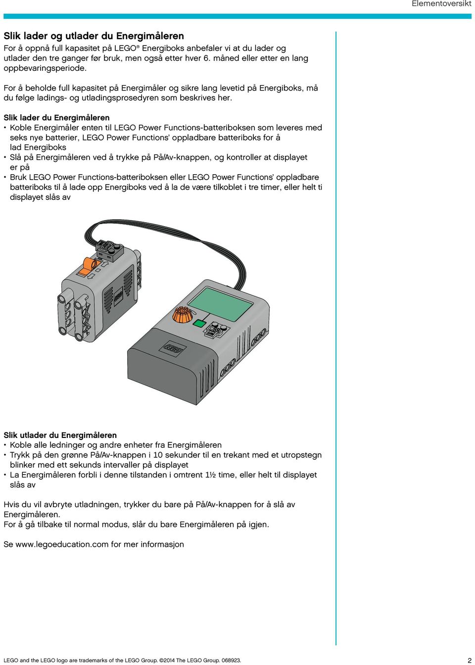 Slik lader du Energimåleren Koble Energimåler enten til LEGO Power Functions-batteriboksen som leveres med seks nye batterier, LEGO Power Functions oppladbare batteriboks for å lad Energiboks Slå på