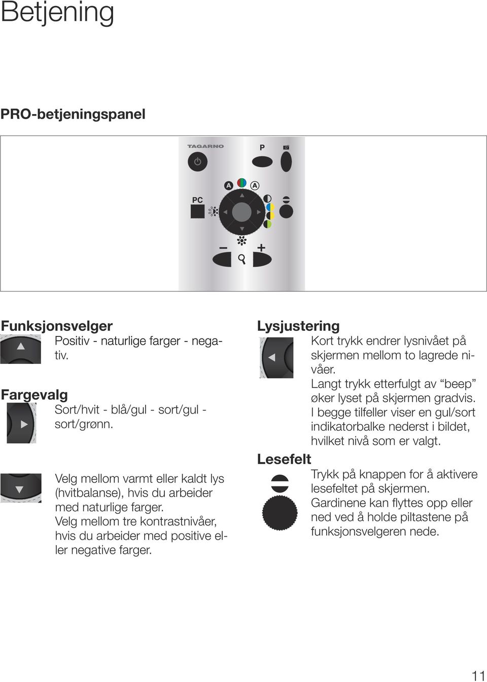 Lysjustering Kort trykk endrer lysnivået på skjermen mellom to lagrede nivåer. Langt trykk etterfulgt av beep øker lyset på skjermen gradvis.