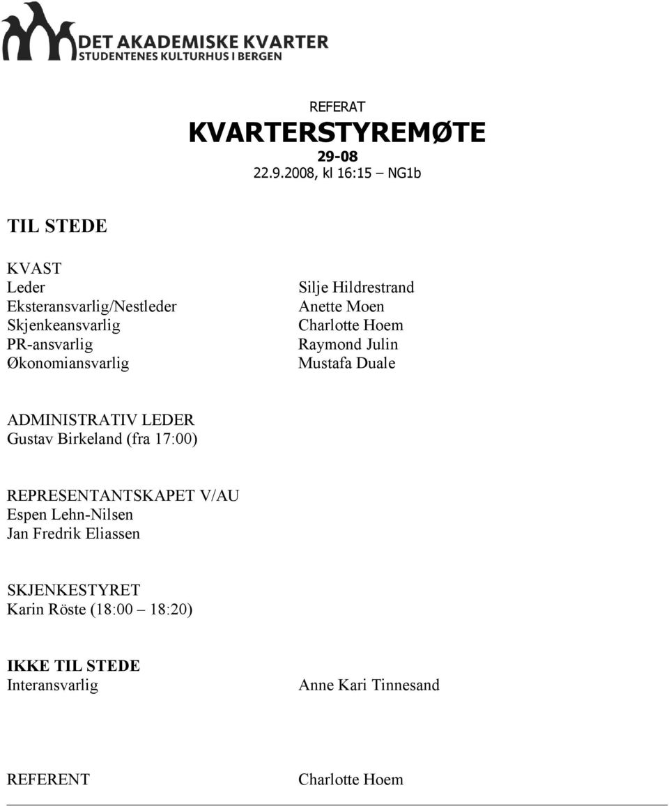 2008, kl 16:15 NG1b TIL STEDE KVAST Leder Eksteransvarlig/Nestleder Skjenkeansvarlig PR-ansvarlig