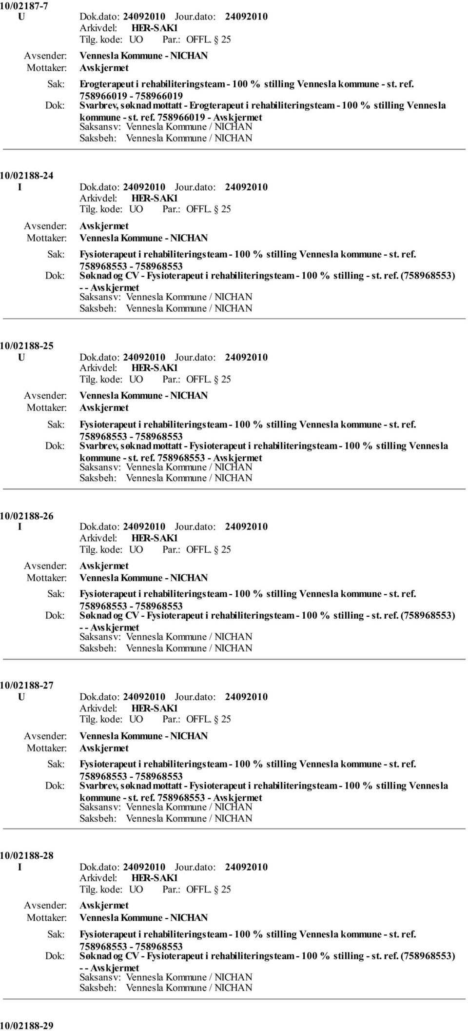 dato: Avskjermet Vennesla Kommune - NICHAN Fysioterapeut i rehabiliteringsteam - 100 % stilling Vennesla kommune - st. ref.