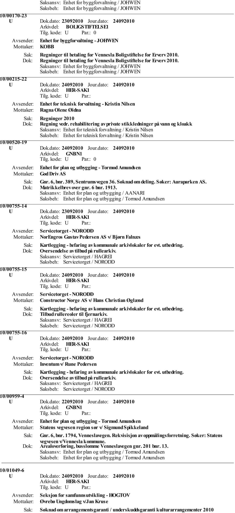 rehabilitering av private stikkledninger på vann og kloakk 10/00520-19 U Dok.dato: Jour.dato: 0 Enhet for plan og utbygging - Tormod Amundsen God Driv AS Gnr. 6, bnr. 389, Sentrumsvegen 36.