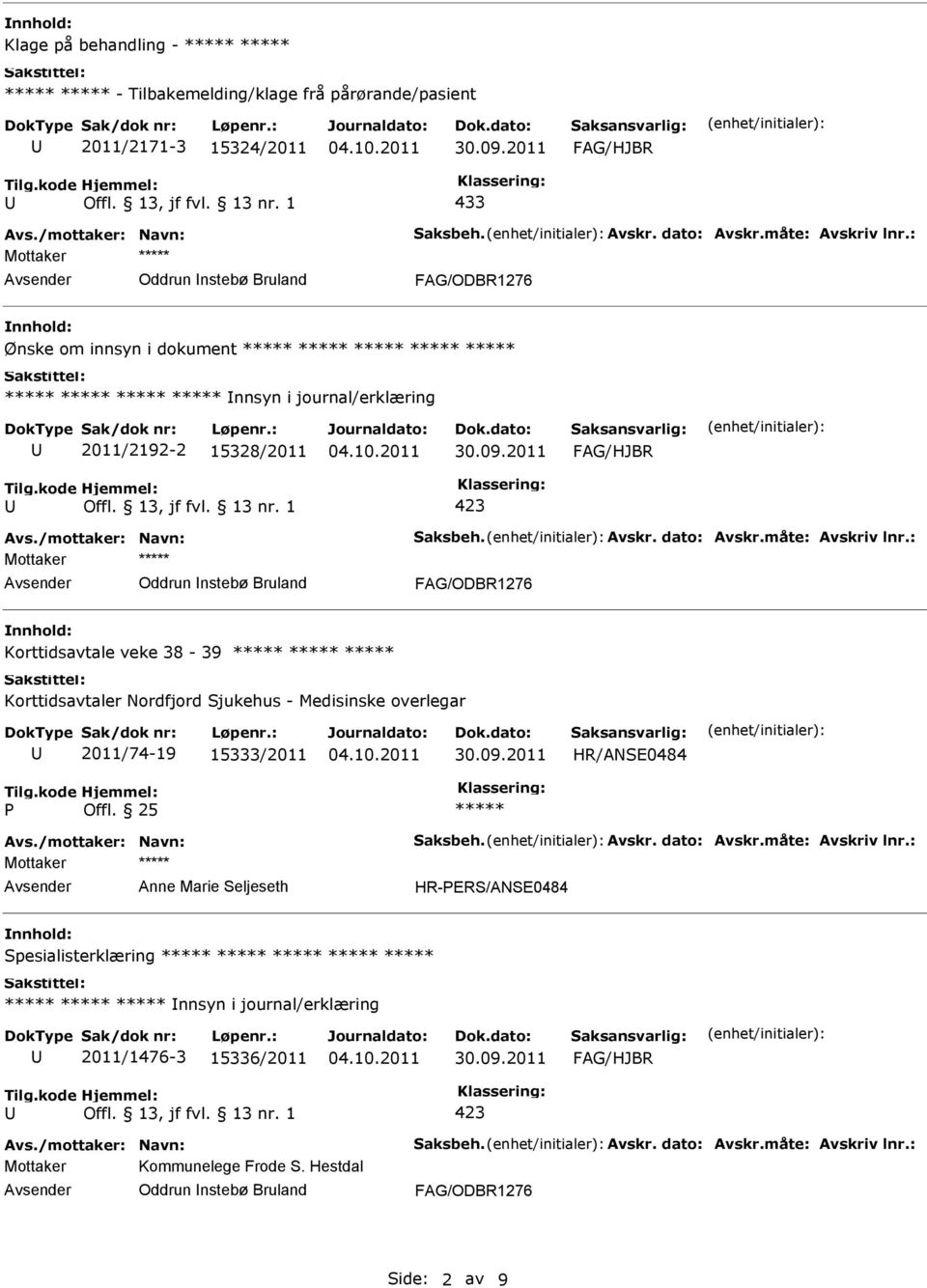 Korttidsavtaler Nordfjord Sjukehus - Medisinske overlegar 2011/74-19 15333/2011 HR/ANSE0484 Offl.