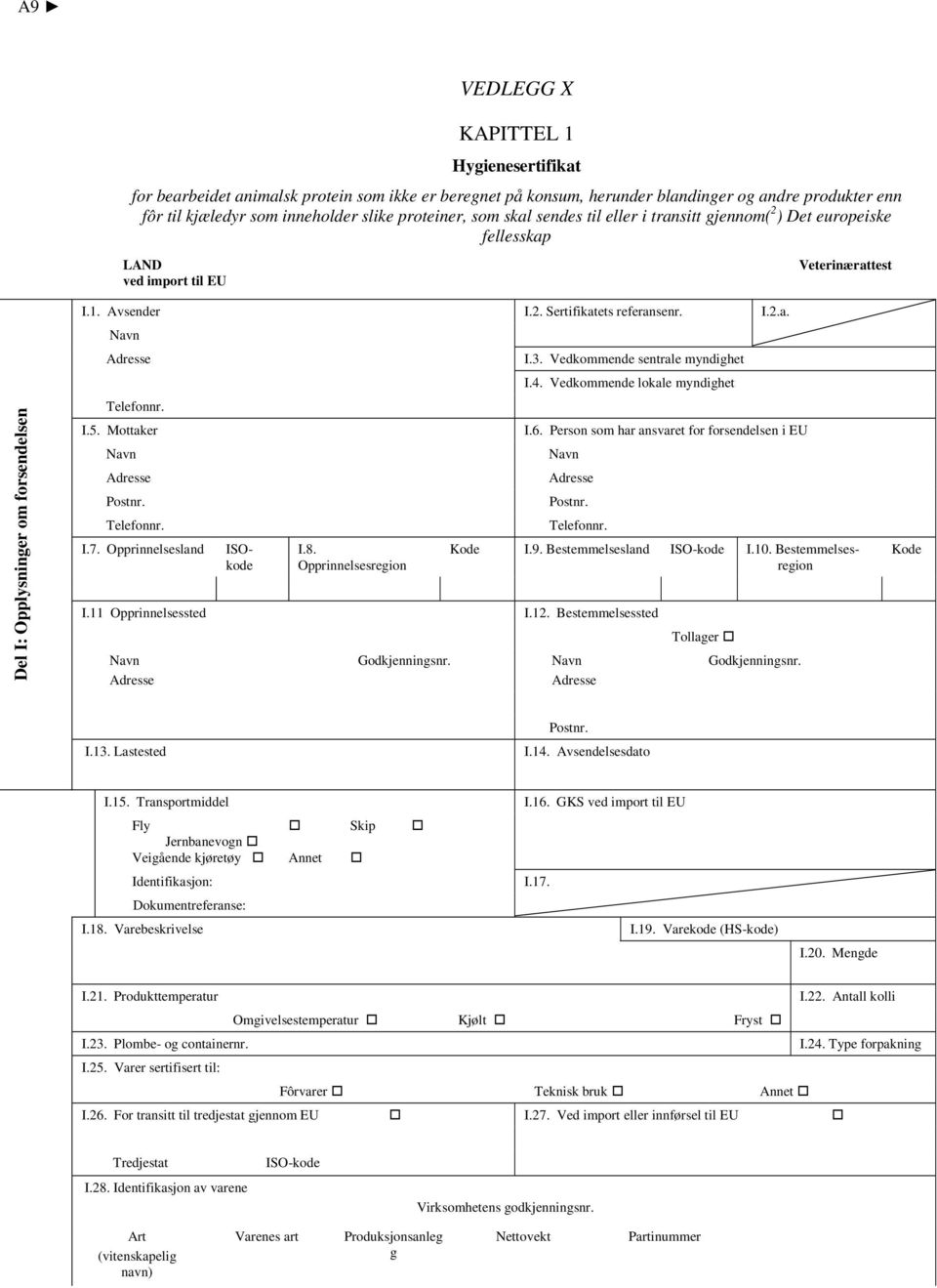 Opprinnelsesland ISOkode I.8. Opprinnelsesregion I.2. Sertifikatets referansenr. I.3. Vedkommende sentrale myndighet I.4. Vedkommende lokale myndighet I.2.a. I.6.