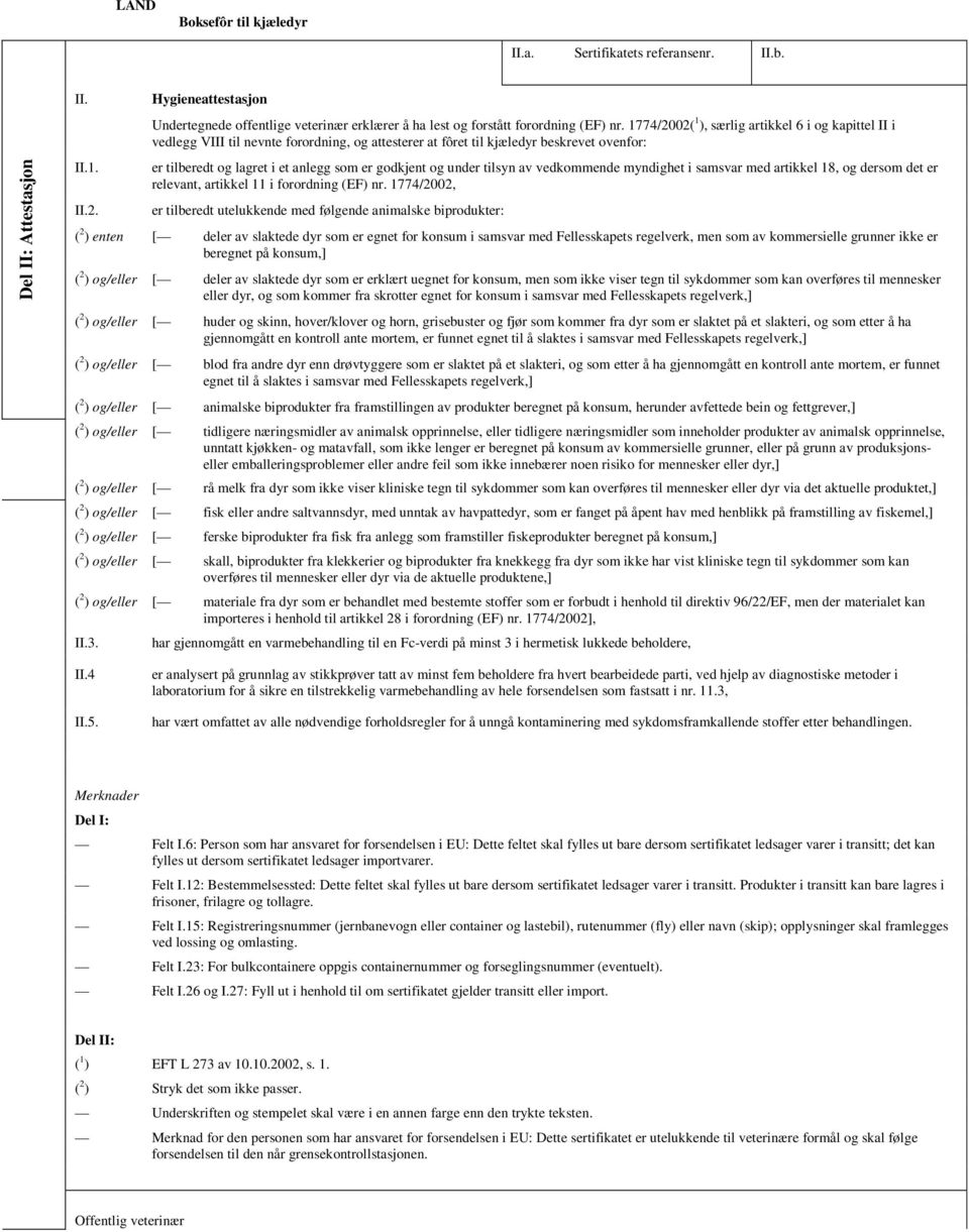 1774/2002( 1 ), særlig artikkel 6 i og kapittel II i vedlegg VIII til nevnte forordning, og attesterer at fôret til kjæledyr beskrevet ovenfor: er tilberedt og lagret i et anlegg som er godkjent og