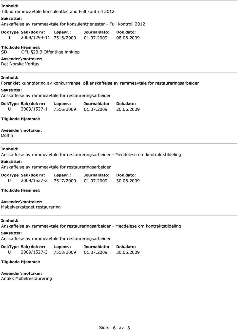 2009 Doffin Anskaffelse av rammeavtale for restaureringsarbeider - Meddelese om kontraktstildeling Anskaffelse av rammeavtale for restaureringsarbeider