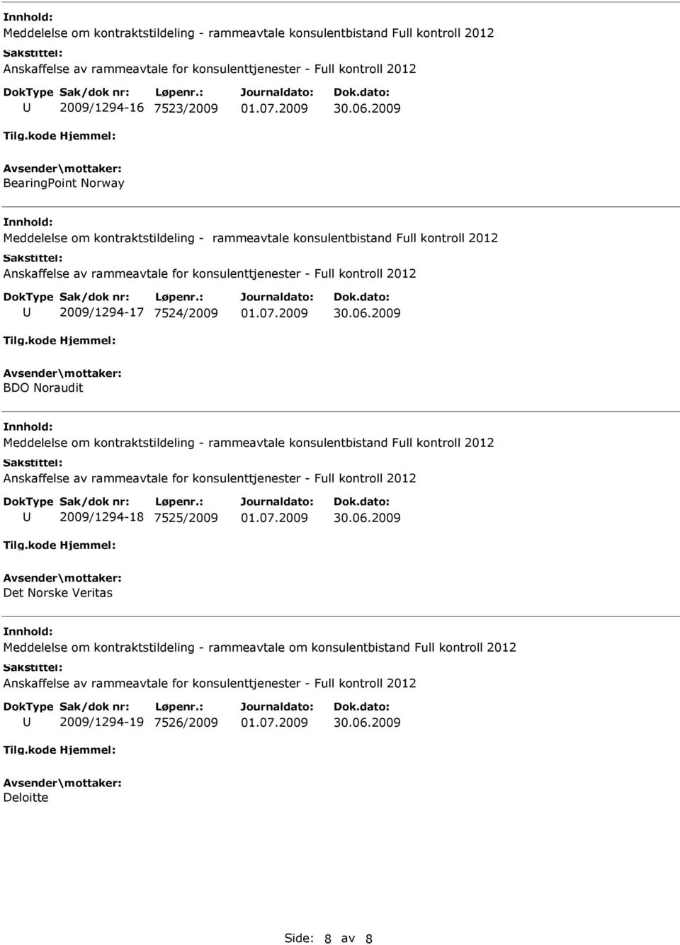 Noraudit Meddelelse om kontraktstildeling - rammeavtale konsulentbistand Full kontroll 2012 2009/1294-18 7525/2009 Det