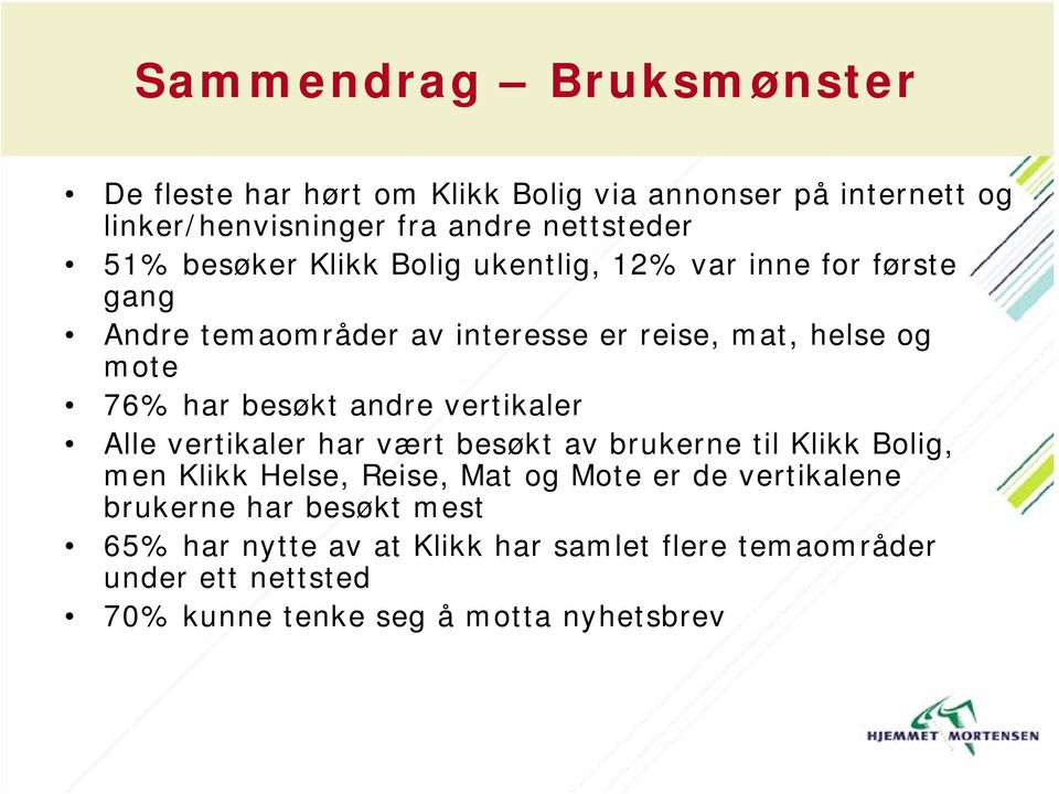 andre vertikaler Alle vertikaler har vært besøkt av brukerne til Klikk Bolig, men Klikk Helse, Reise, Mat og Mote er de vertikalene