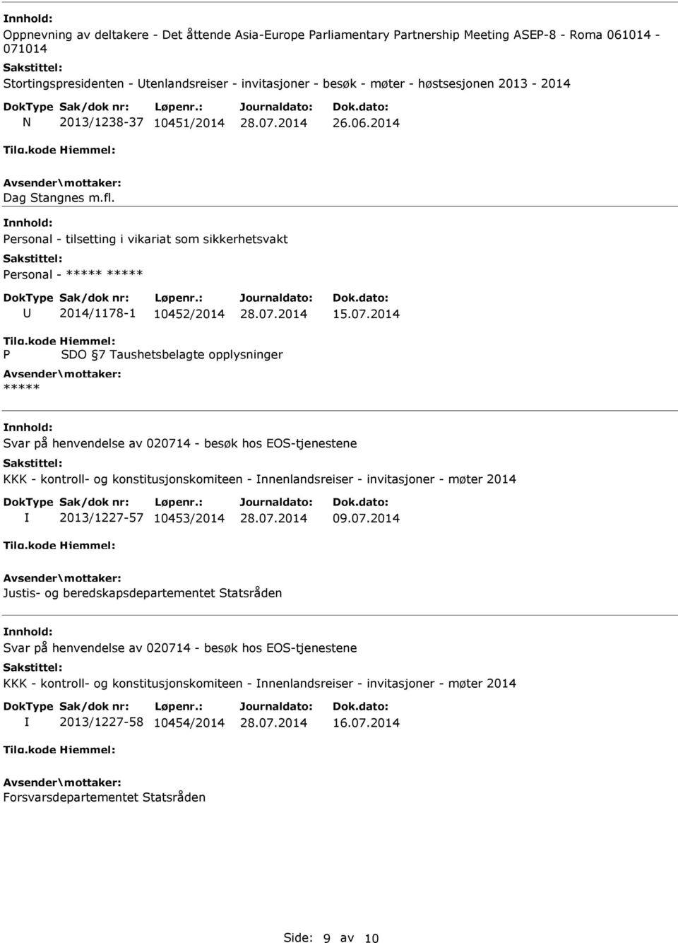 ersonal - tilsetting i vikariat som sikkerhetsvakt ersonal - 2014/1178-1 10452/2014 Svar på henvendelse av 020714 - besøk hos EOS-tjenestene KKK - kontroll- og konstitusjonskomiteen -