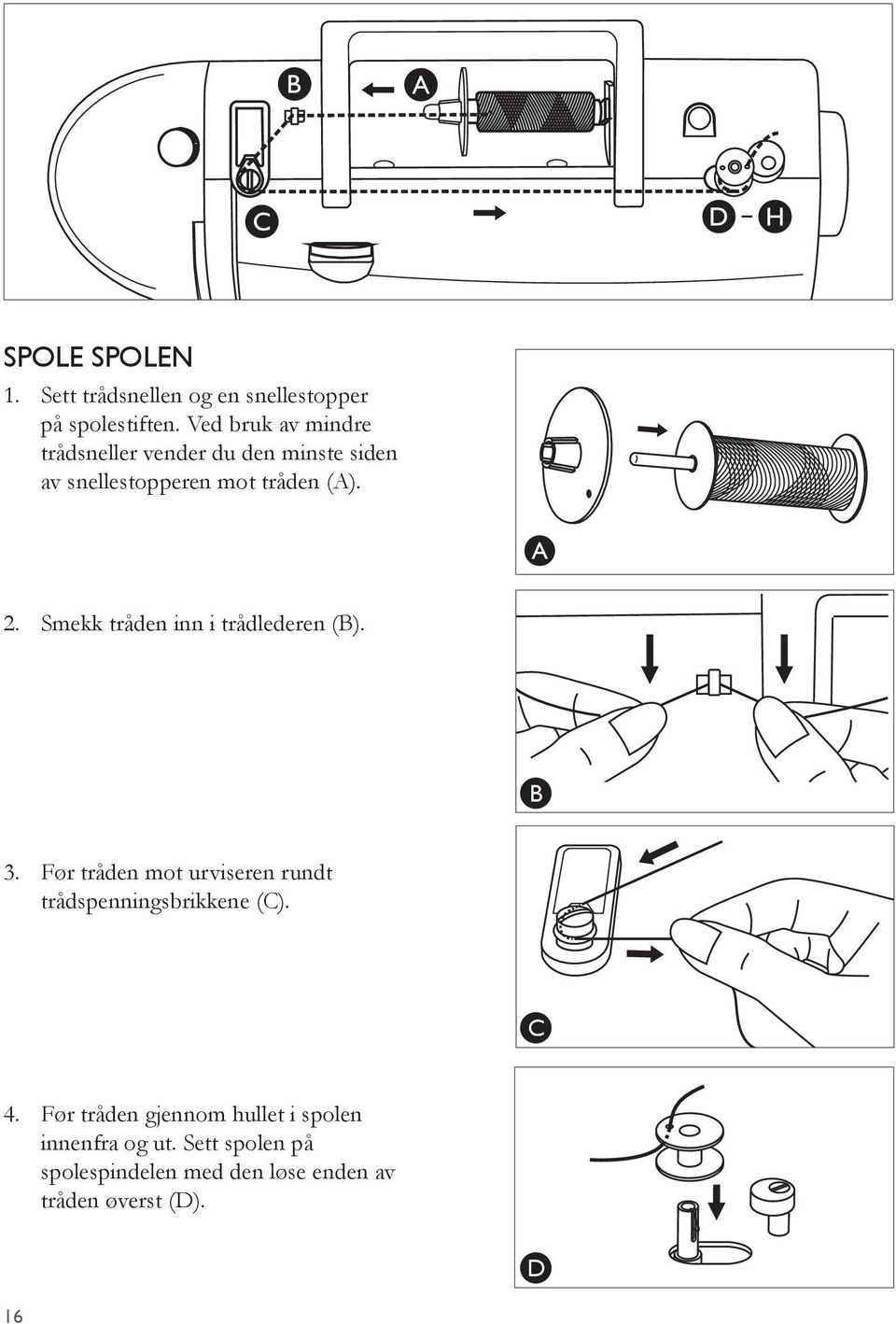 Smekk tråden inn i trådlederen (B). B 3. Før tråden mot urviseren rundt trådspenningsbrikkene (C).