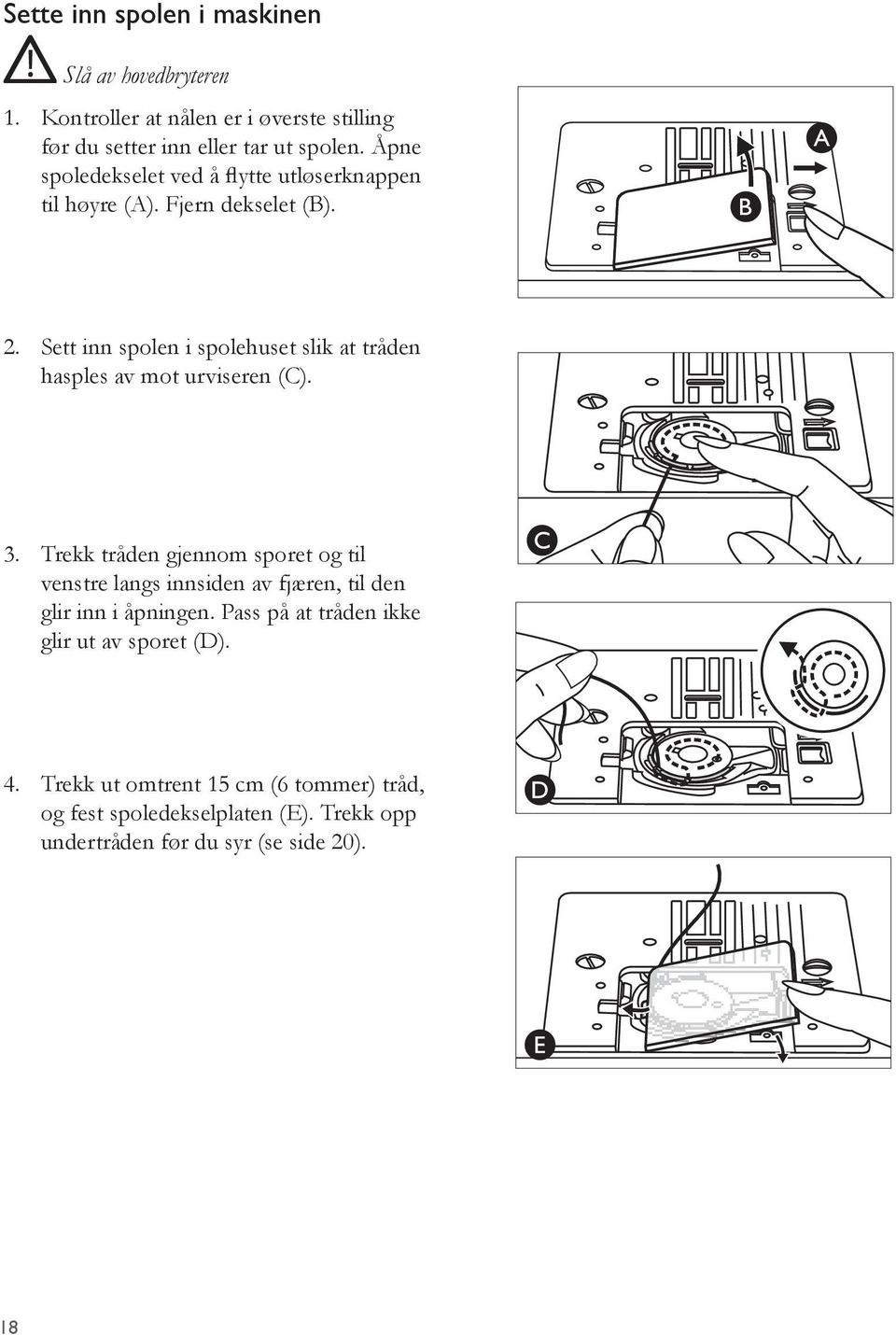 Sett inn spolen i spolehuset slik at tråden hasples av mot urviseren (C). 3.