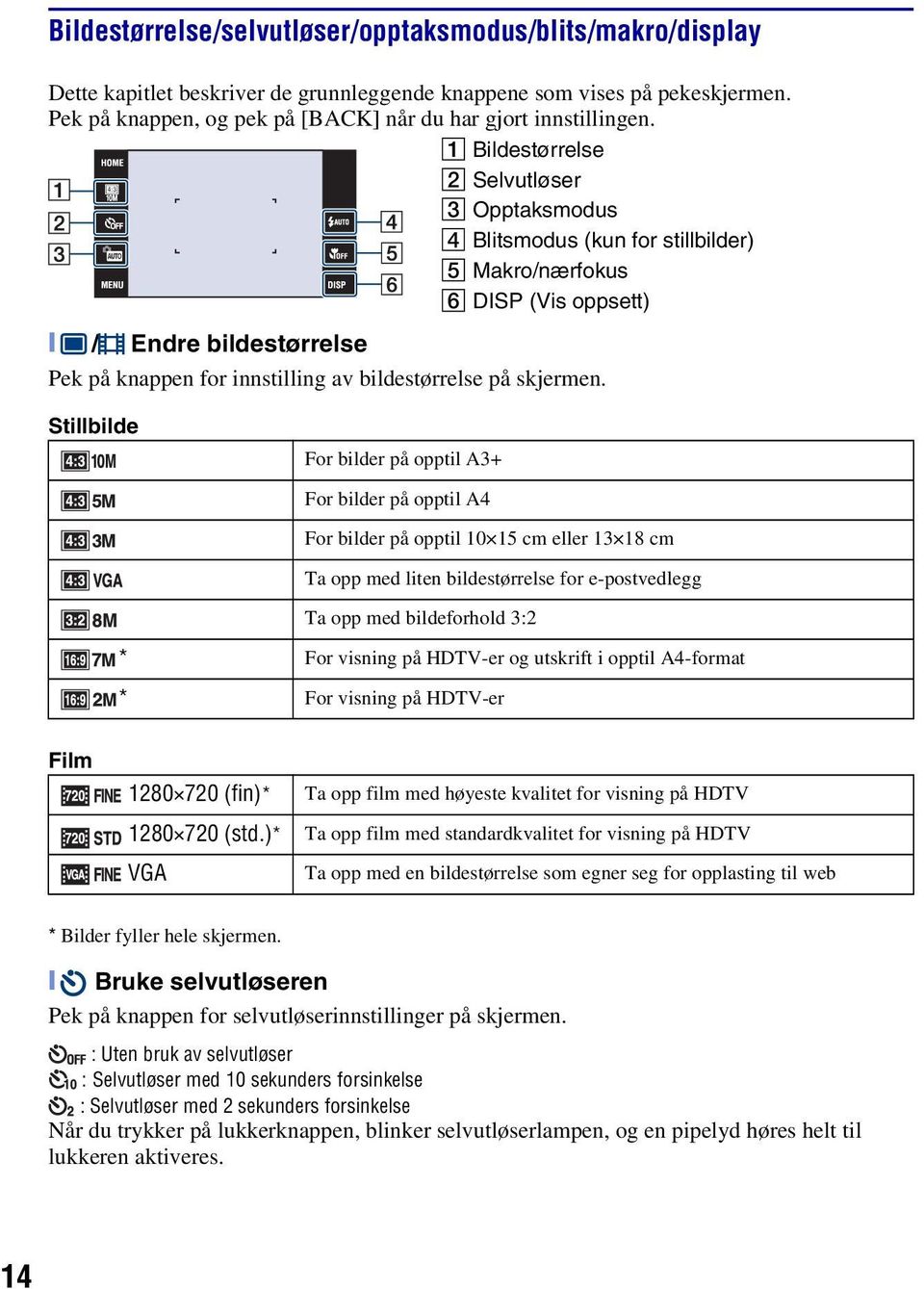 A Bildestørrelse B Selvutløser C Opptaksmodus D Blitsmodus (kun for stillbilder) E Makro/nærfokus F DISP (Vis oppsett) [ / Endre bildestørrelse Pek på knappen for innstilling av bildestørrelse på