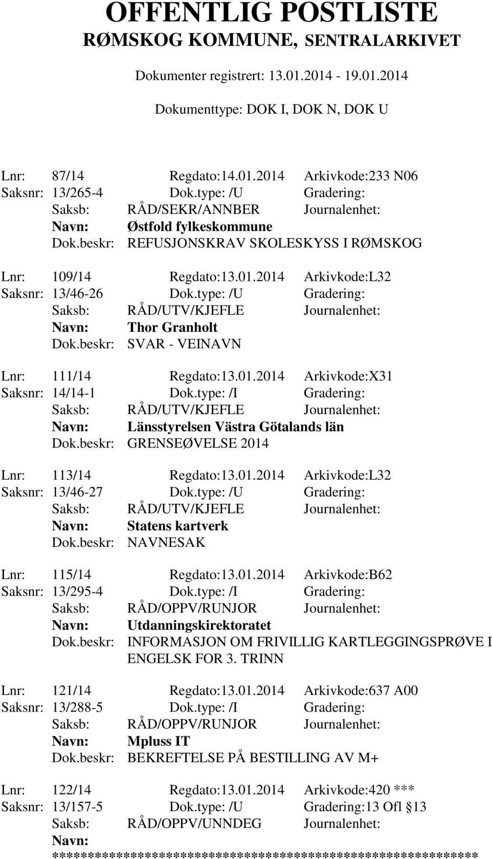 type: /I Gradering: Länsstyrelsen Västra Götalands län Dok.beskr: GRENSEØVELSE 2014 Lnr: 113/14 Regdato:13.01.2014 Arkivkode:L32 Saksnr: 13/46-27 Dok.type: /U Gradering: Statens kartverk Dok.