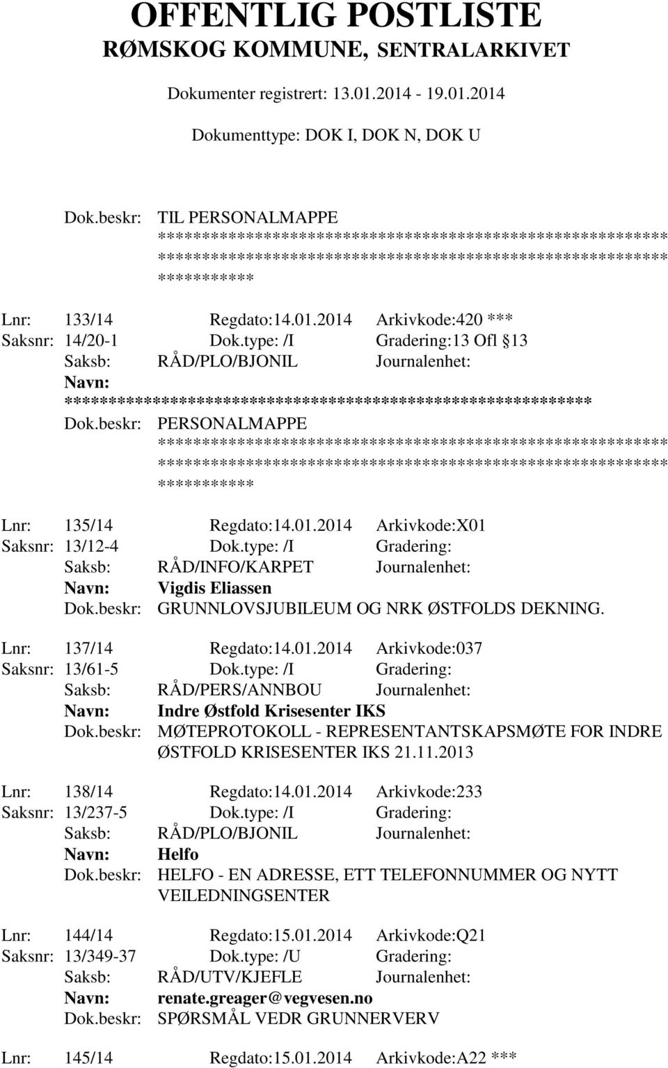 beskr: GRUNNLOVSJUBILEUM OG NRK ØSTFOLDS DEKNING. Lnr: 137/14 Regdato:14.01.2014 Arkivkode:037 Saksnr: 13/61-5 Dok.