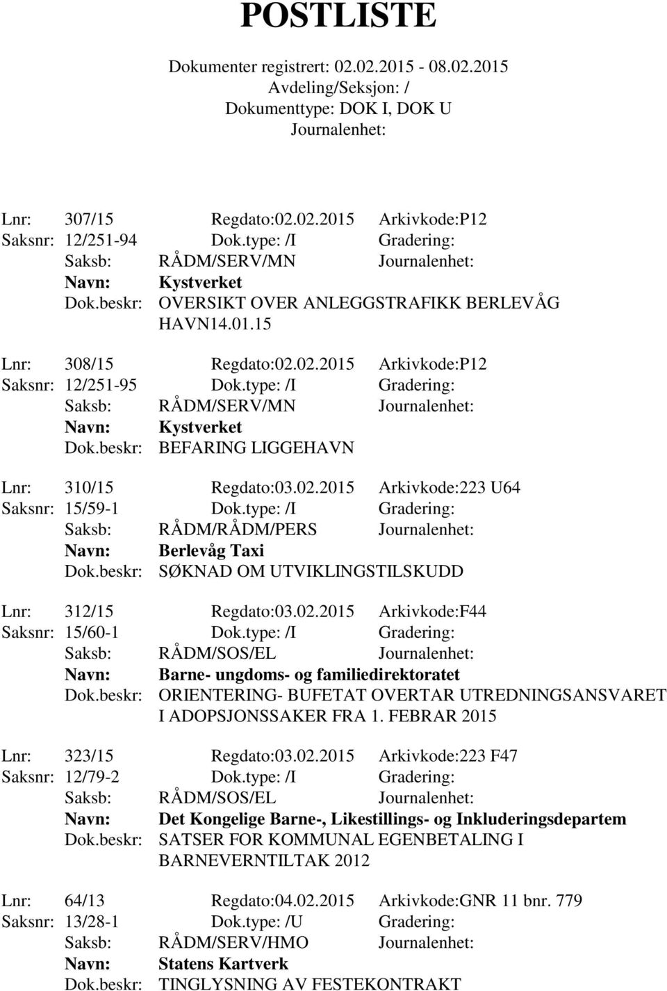 type: /I Gradering: Navn: Berlevåg Taxi Dok.beskr: SØKNAD OM UTVIKLINGSTILSKUDD Lnr: 312/15 Regdato:03.02.2015 Arkivkode:F44 Saksnr: 15/60-1 Dok.