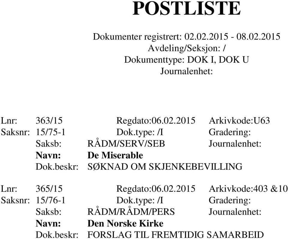 beskr: SØKNAD OM SKJENKEBEVILLING Lnr: 365/15 Regdato:06.02.