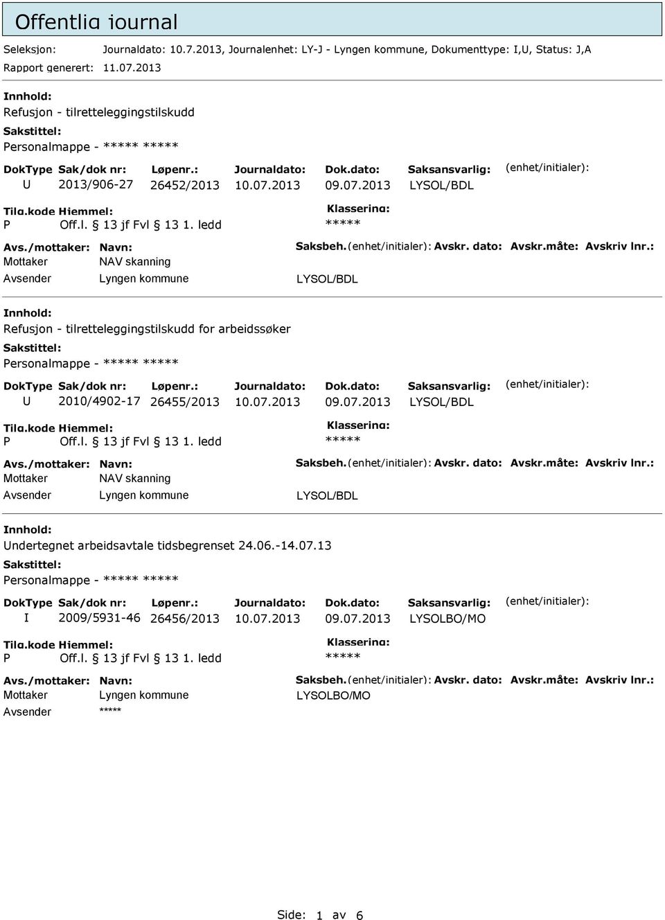 : Mottaker NAV skanning nnhold: Refusjon - tilretteleggingstilskudd for arbeidssøker ersonalmappe - 2010/4902-17 26455/2013 Avs./mottaker: Navn: Saksbeh. Avskr.