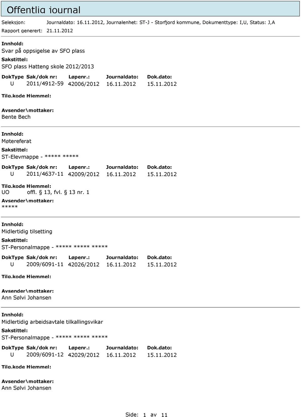 2012 Svar på oppsigelse av SFO plass SFO plass Hatteng skole 2012/2013 2011/4912-59 42006/2012 Bente Bech