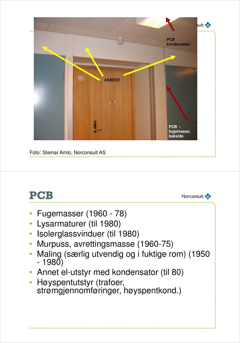 avrettingsmasse (1960-75) Maling (særlig utvendig og i fuktige rom) (1950-1980) Annet