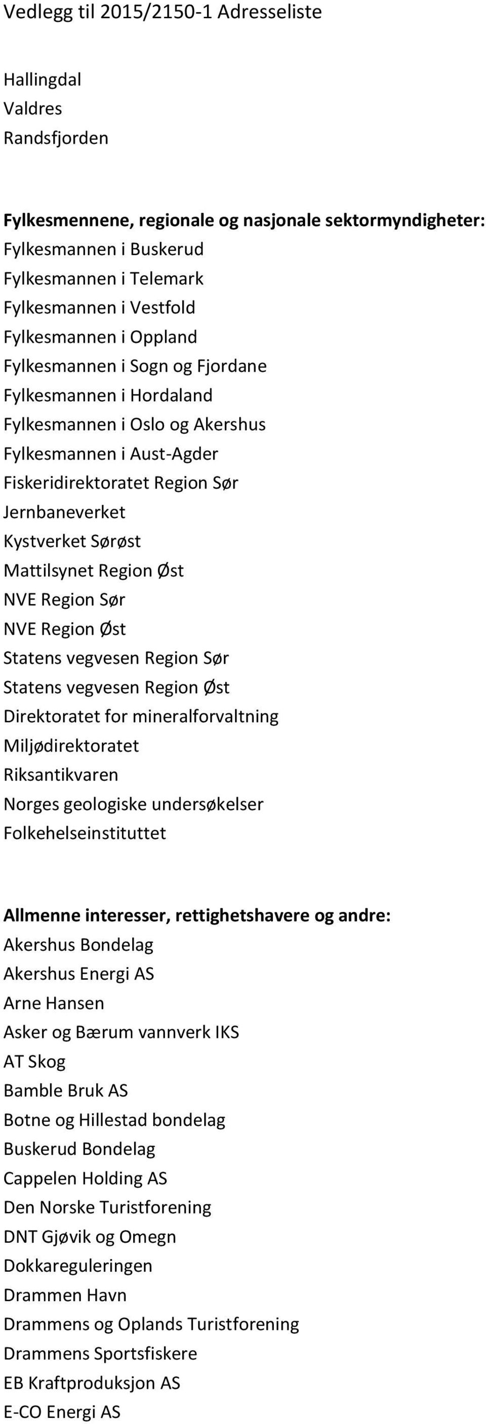 Sør NVE Region Øst Statens vegvesen Region Sør Statens vegvesen Region Øst Direktoratet for mineralforvaltning Miljødirektoratet Riksantikvaren Norges geologiske undersøkelser Folkehelseinstituttet