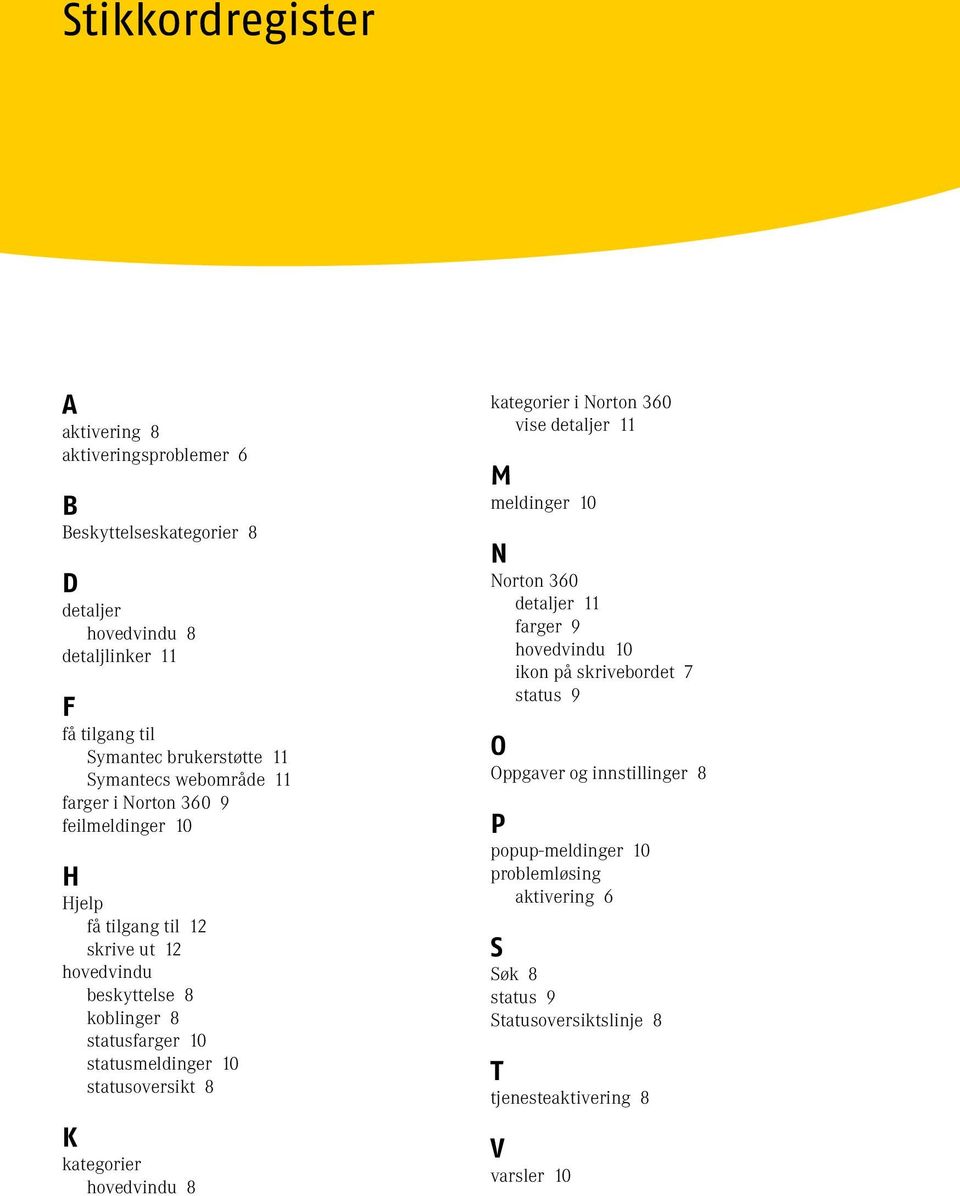 statusmeldinger 10 statusoversikt 8 K kategorier hovedvindu 8 kategorier i Norton 360 vise detaljer 11 M meldinger 10 N Norton 360 detaljer 11 farger 9 hovedvindu 10