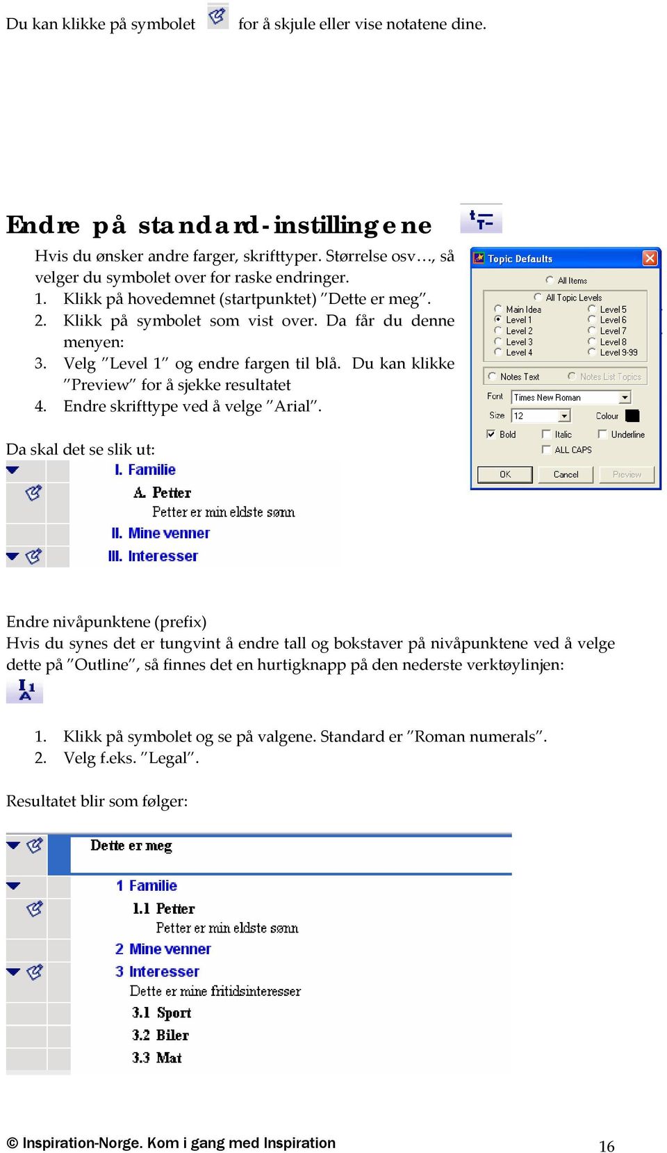 Velg Level 1 og endre fargen til blå. Du kan klikke Preview for å sjekke resultatet 4. Endre skrifttype ved å velge Arial.