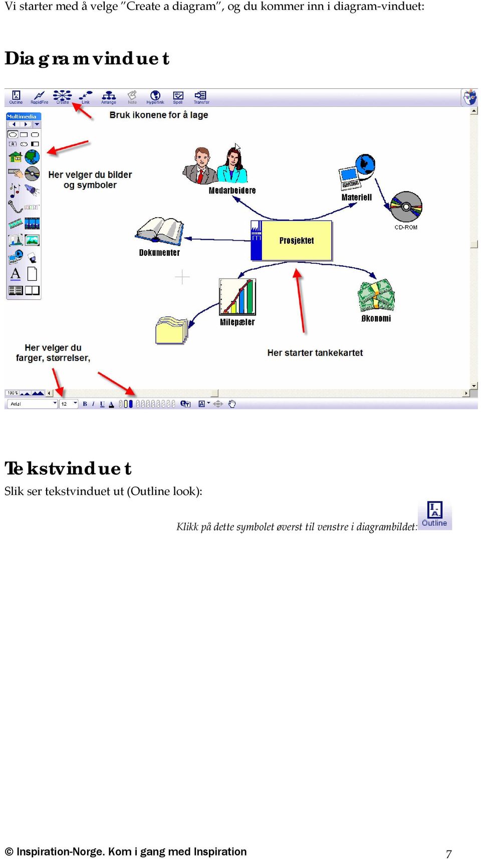 tekstvinduet ut (Outline look): Klikk på dette symbolet øverst