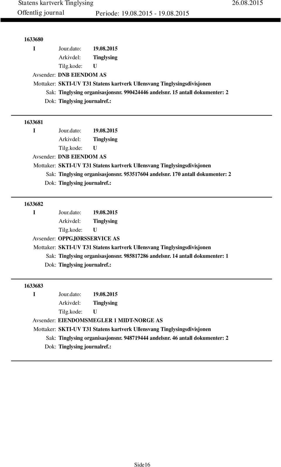 170 antall dokumenter: 2 Dok: journalref.: 1633682 Avsender: OPPGJØRSSERVICE AS Mottaker: SKTI-V T31 Statens kartverk llensvang sdivisjonen Sak: organisasjonsnr. 985817286 andelsnr.