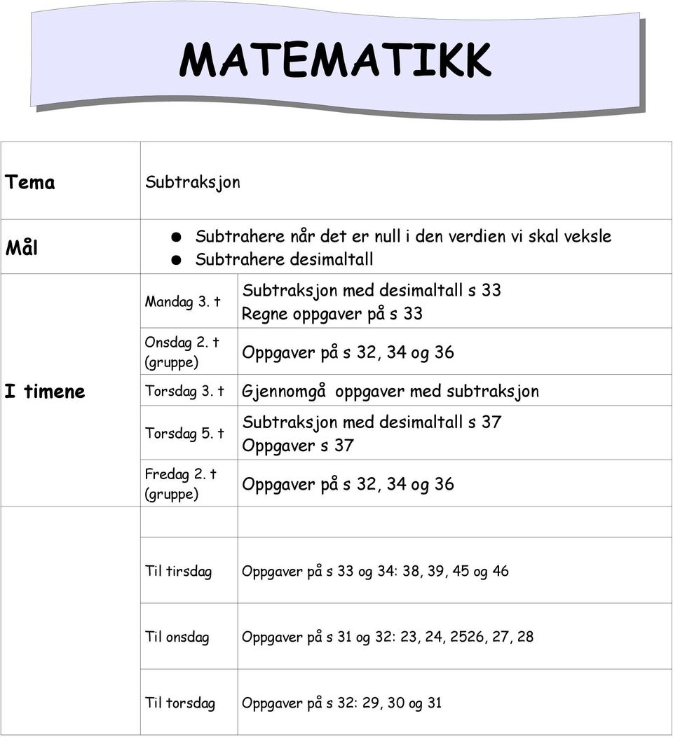 t (gruppe) Subtraksjon med desimaltall s 33 Regne oppgaver på s 33 Oppgaver på s 32, 34 og 36 Gjennomgå oppgaver med subtraksjon