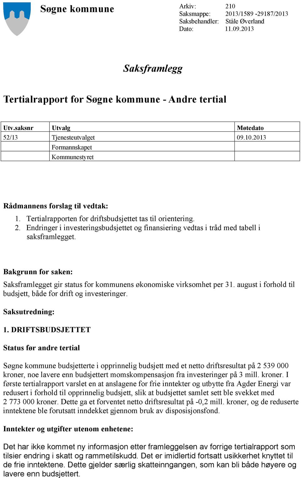 Endringer i investeringsbudsjettet og finansiering vedtas i tråd med tabell i saksframlegget. Bakgrunn for saken: Saksframlegget gir status for kommunens økonomiske virksomhet per 31.