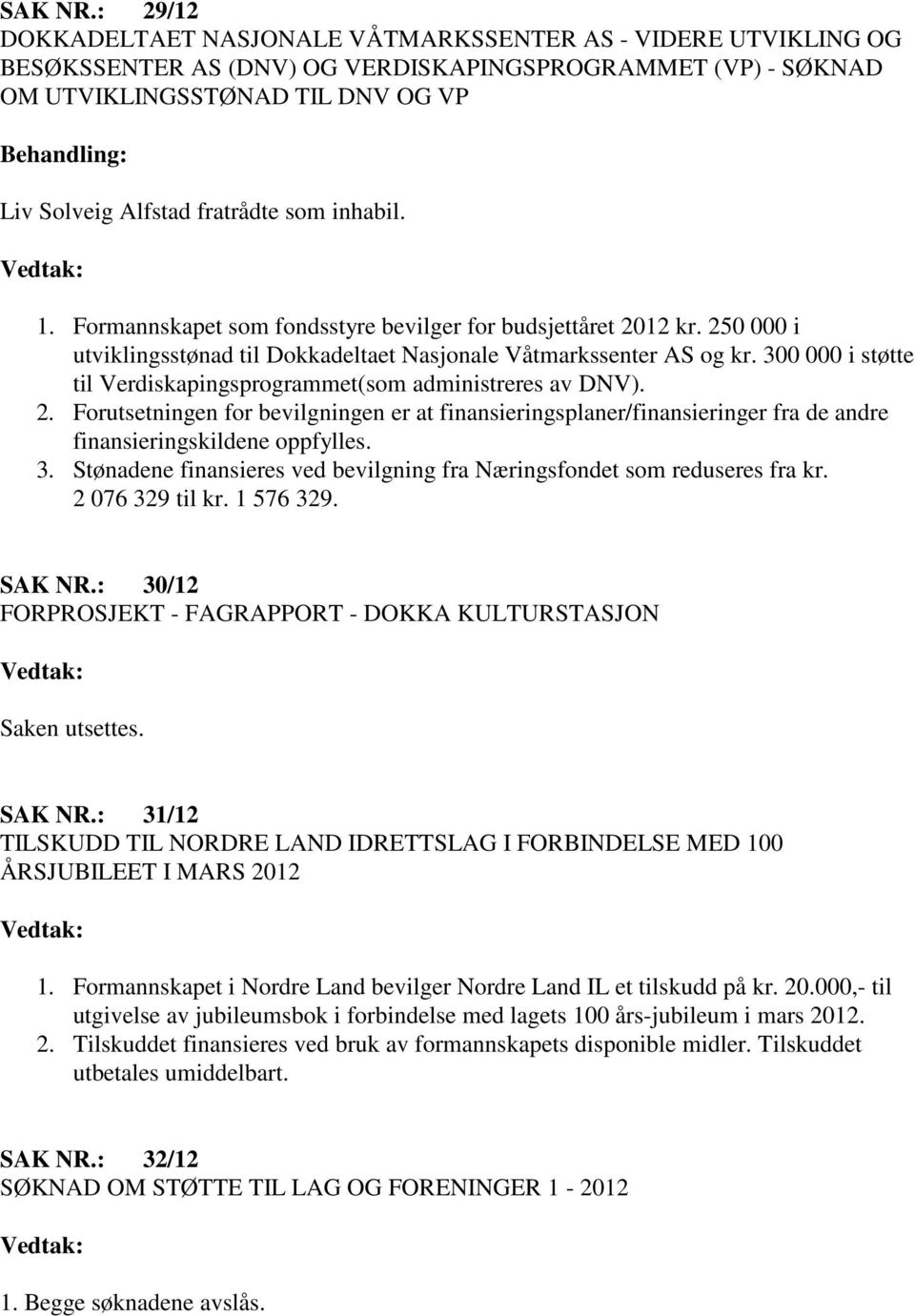 som inhabil. 1. Formannskapet som fondsstyre bevilger for budsjettåret 2012 kr. 250 000 i utviklingsstønad til Dokkadeltaet Nasjonale Våtmarkssenter AS og kr.