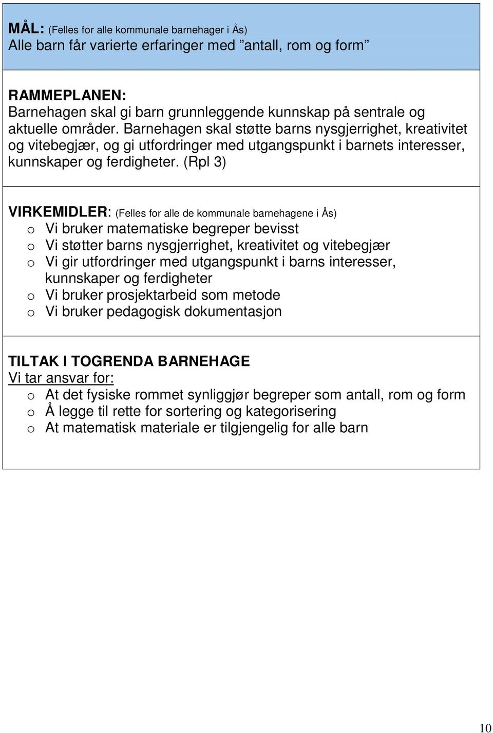 (Rpl 3) VIRKEMIDLER: (Felles fr alle de kmmunale barnehagene i Ås) Vi bruker matematiske begreper bevisst Vi støtter barns nysgjerrighet, kreativitet g vitebegjær Vi gir utfrdringer med utgangspunkt