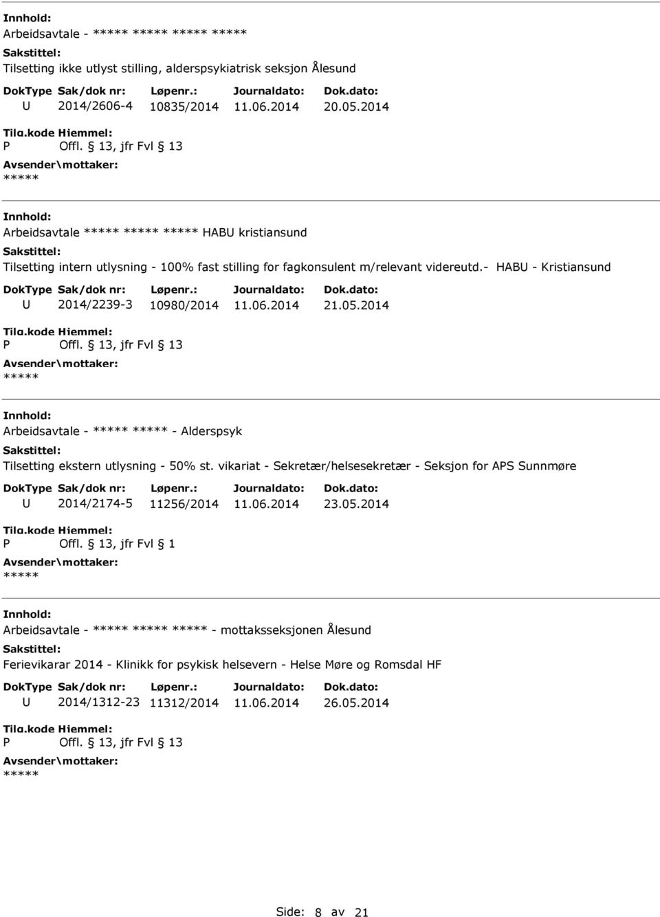 - HAB - Kristiansund 2014/2239-3 10980/2014 21.05.2014 Arbeidsavtale - - Alderspsyk Tilsetting ekstern utlysning - 50% st.