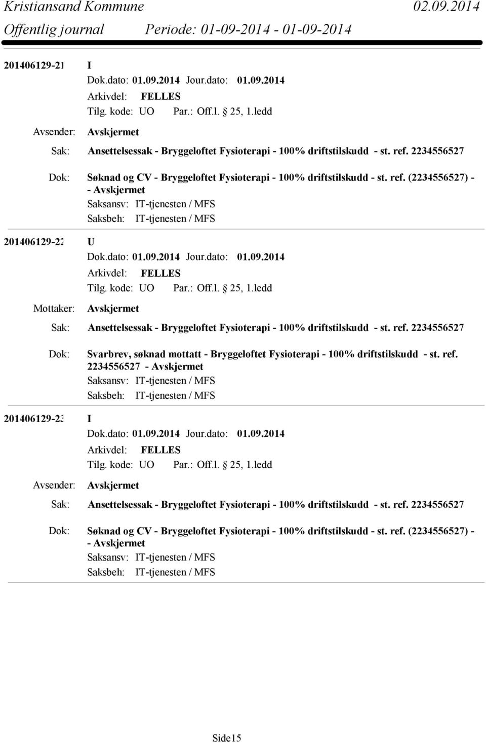 (2234556527) - - 201406129-22 U Ansettelsessak - Bryggeloftet Fysioterapi - 100% driftstilskudd - st. ref.