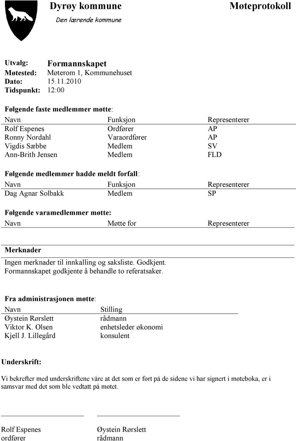 medlemmer hadde meldt forfall: Navn Funksjon Representerer Dag Agnar Solbakk Medlem SP Følgende varamedlemmer møtte: Navn Møtte for Representerer Merknader Ingen merknader til innkalling og saksliste.