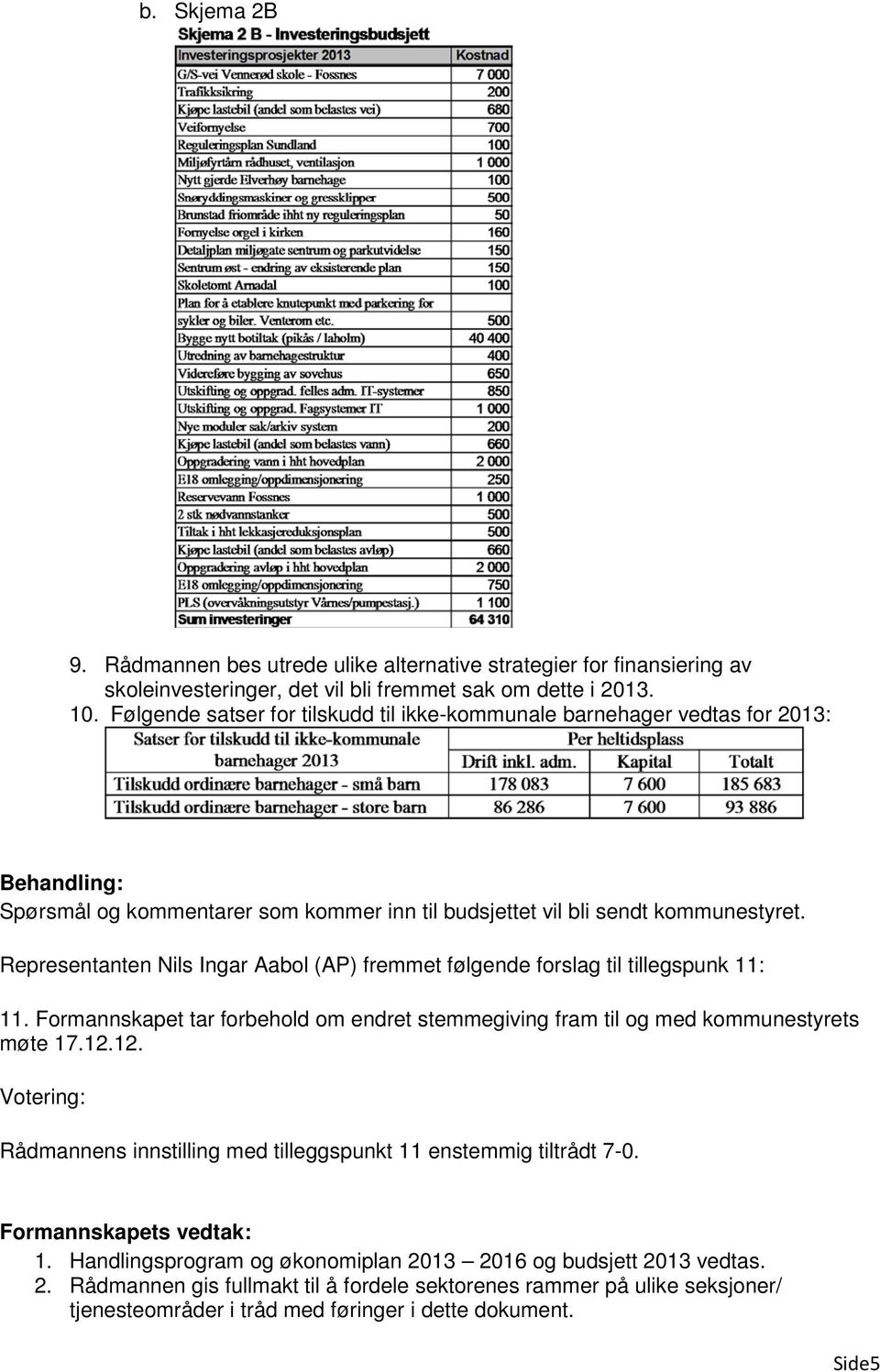 Representanten Nils Ingar Aabol (AP) fremmet følgende forslag til tillegspunk 11: 11. Formannskapet tar forbehold om endret stemmegiving fram til og med kommunestyrets møte 17.12.