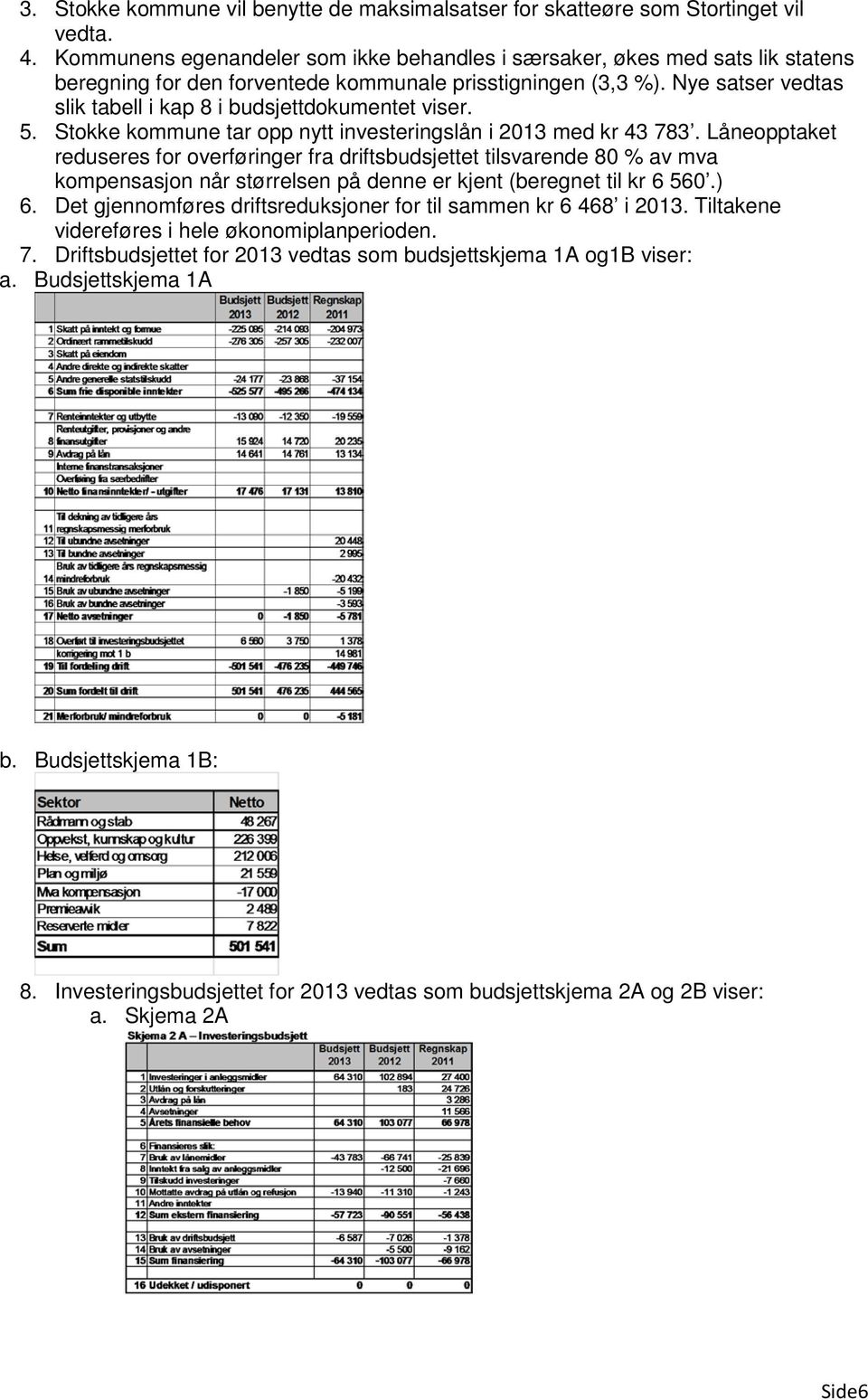 Nye satser vedtas slik tabell i kap 8 i budsjettdokumentet viser. 5. Stokke kommune tar opp nytt investeringslån i 2013 med kr 43 783.