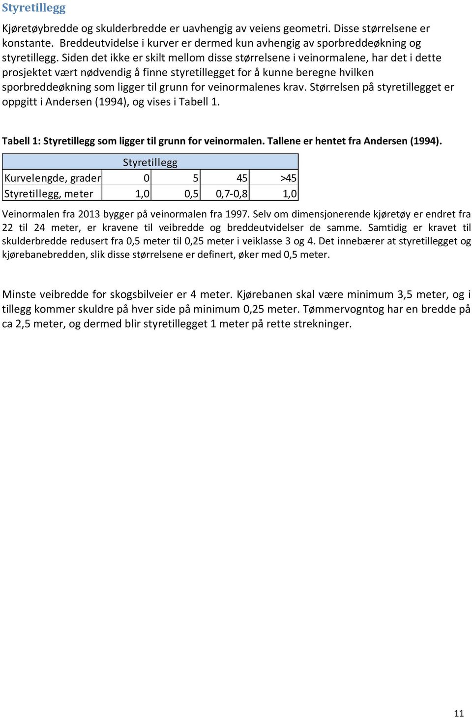 veinormalenes krav. Størrelsen på styretillegget er oppgitt i Andersen (1994), og vises i Tabell 1. Tabell 1: Styretillegg som ligger til grunn for veinormalen. Tallene er hentet fra Andersen (1994).