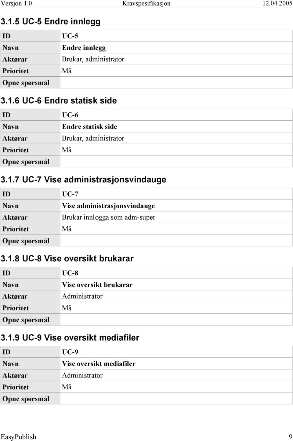 adm-super 3.1.8 UC-8 Vise oversikt brukarar UC-8 Vise oversikt brukarar 3.1.9 UC-9 Vise oversikt mediafiler UC-9 Vise oversikt mediafiler EasyPublish 9