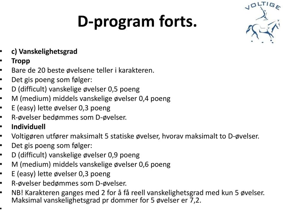 D-øvelser. Individuell Voltigøren utfører maksimalt 5 statiske øvelser, hvorav maksimalt to D-øvelser.