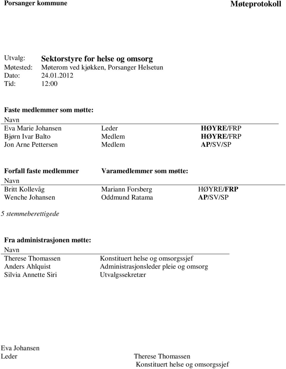 medlemmer Varamedlemmer som møtte: Britt Kollevåg Mariann Forsberg HØYRE/FRP Wenche Johansen Oddmund Ratama AP/SV/SP 5 stemmeberettigede Fra administrasjonen møtte: